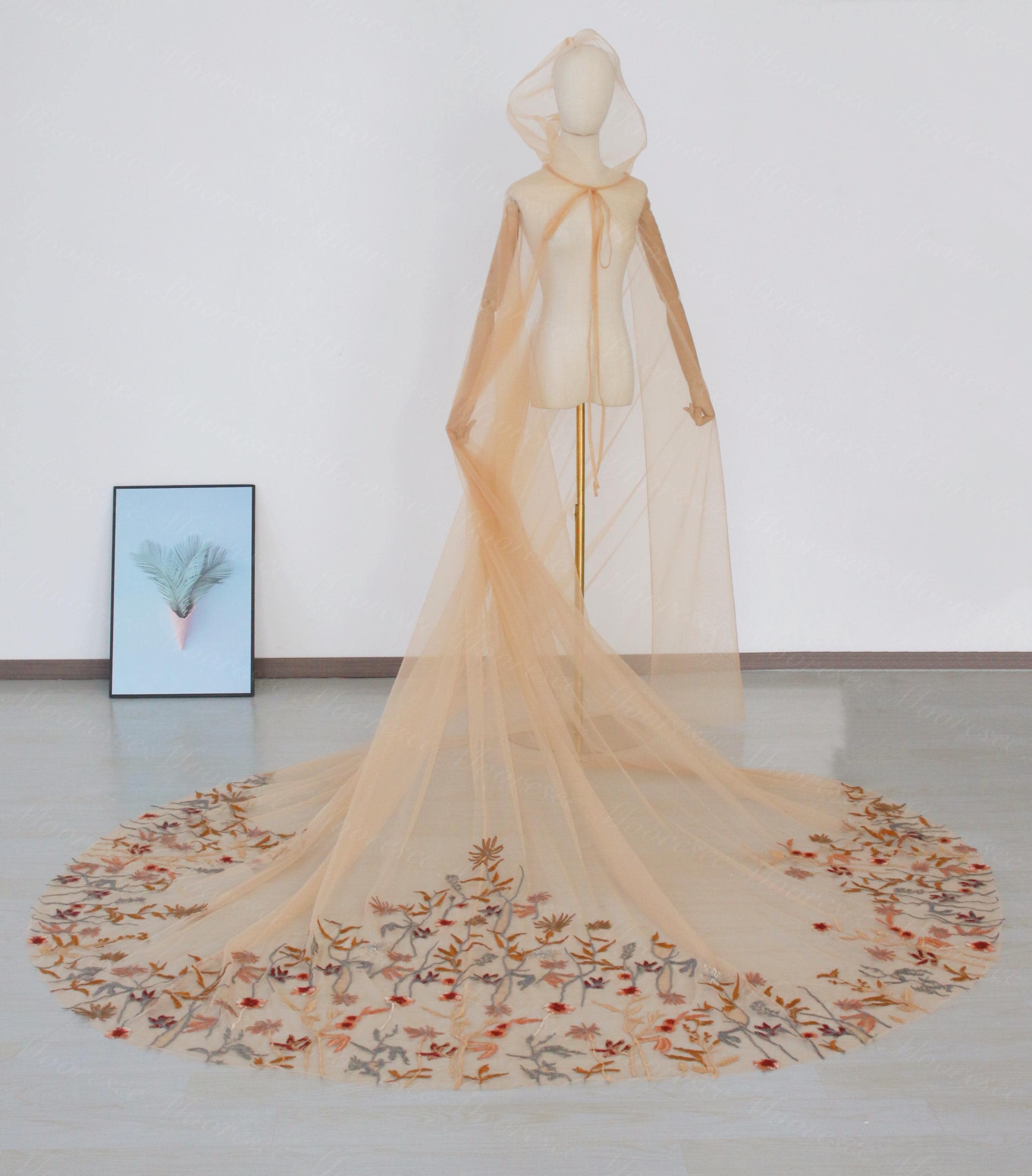 Boho Brown Floral Lace Hooded Cape Bridal Wedding Cloak Long
