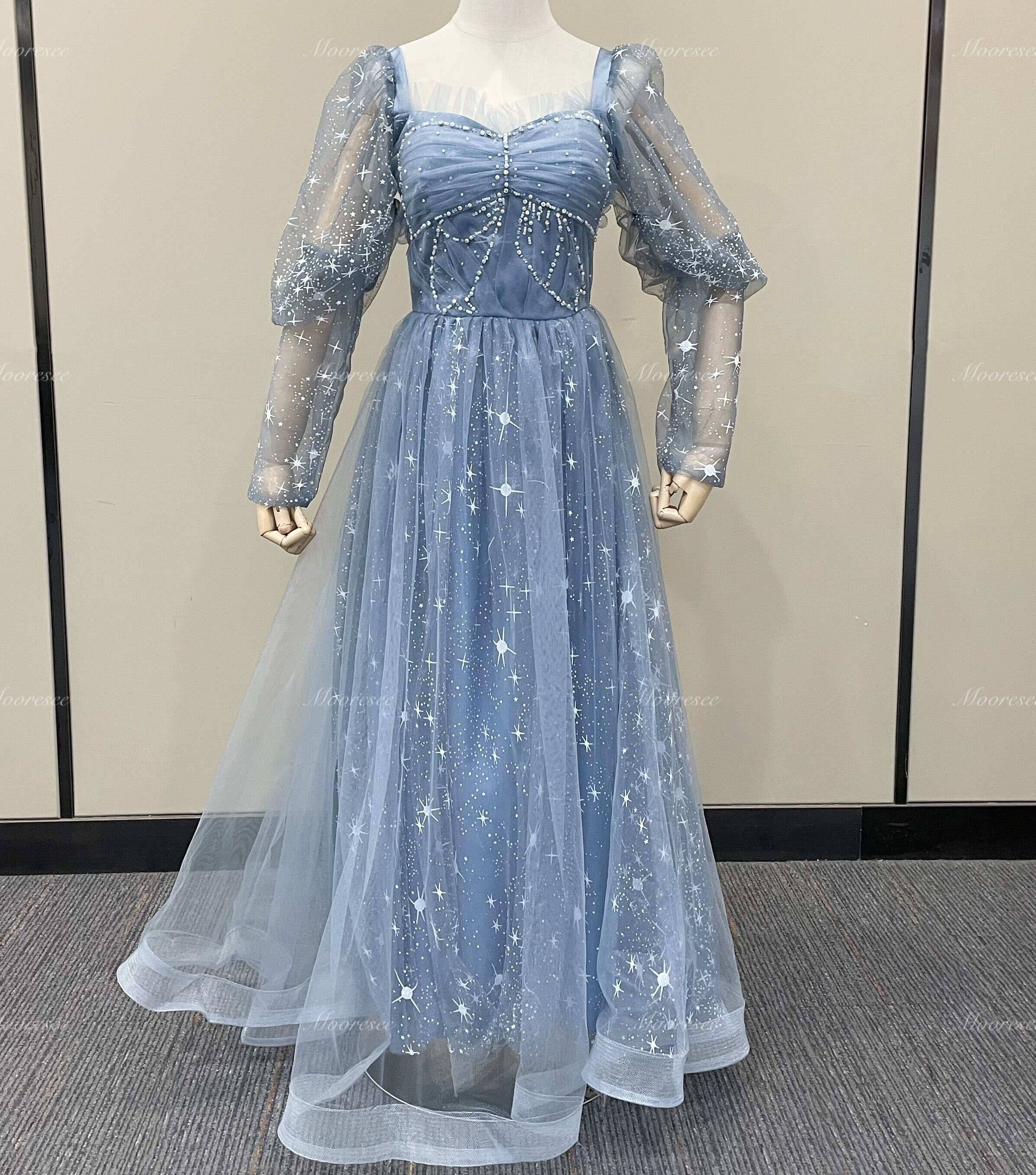 dresses slate blue BABARONI Off the Shoulder Chiffon Full Length Dress-Slate Blue, Slate Blue / US0