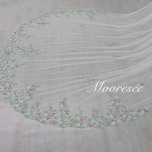 Mint Green&Purple Embroidered floral lace veil Flowers Wedding Veil with comb 1T Garden Lace Veil Ivory tulle Veil Wildflower long Veil