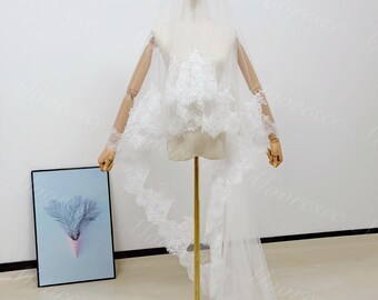 Chantilly lace blusher bridal veil Fairy floral lace Wedding Veil 2T Floor length Veil Church veil Elegant lace veil