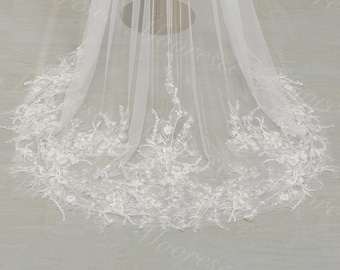 Sparkle White Beaded floral lace veil Sequins lace wedding veil with comb Church long Veil Bridal lace veil Heavy lace veil