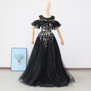 Bohomian A Line sequins floral lace black dress Vintage Party Dress Elegant Prom Dress Event Dress black Custom size Ball gown