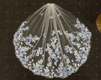 Blue floral lace veil Embroidered floral Lace Wedding Veil with comb 1T Garden Lace Veil Fingertip Ivory tulle Veil Wildflower Custom Veil