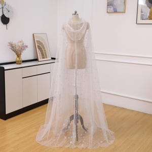 Shiny White Wedding Cape for Bride Hooded cape Wedding Veil Moon Star Wedding cloak Sparkle Cape Long Glittering Cape-Drop Glitters