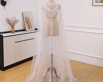 Shiny White Wedding Cape for Bride Hooded cape Wedding Veil Moon Star Wedding cloak Sparkle Cape Long Glittering Cape-Drop Glitters