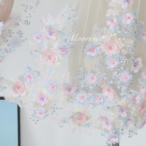 3D Blue Pink petal lace veil Rhinestone pink floral lace Wedding Veil with comb Fairy Fingertips length Veil Wildflower Veil Customized