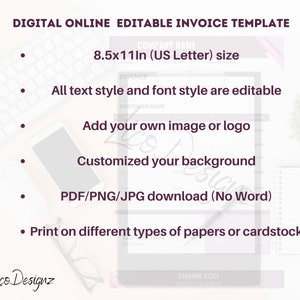 May include: A digital invoice template in a pink and white colour scheme. The template is 8.5x11 inches and is editable. It includes the text "DIGITAL ONLINE EDITABLE INVOICE TEMPLATE", "COMPANY NAME", "INVOICE", "CUSTOMER NAME", "8.5x11In (US Letter) size", "All text style and font style are editable", "Add your own image or logo", "Customized your background", "PDF/PNG/JPG download (No Word)", "Print on different types of papers or cardstock", "Lico Designz", and "THANK YOU".