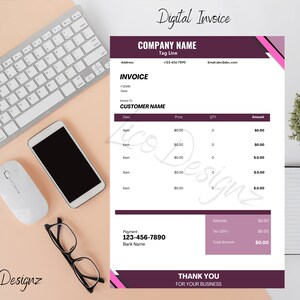 May include: A digital invoice template with a purple and pink colour scheme. The invoice includes a company name, address, phone number, and email address. The invoice also includes a customer name, a list of items, prices, quantities, and amounts. The invoice includes a subtotal, tax, and total amount. The invoice also includes a payment method and bank name. The invoice ends with a thank you message.