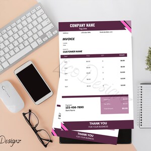 May include: A purple and pink invoice template with the text "COMPANY NAME" and "Tag Line" at the top. The invoice includes a section for customer information, a table for itemised billing, and a section for payment details. The bottom of the invoice includes the text "THANK YOU FOR YOUR BUSINESS".