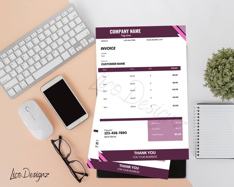 May include: A purple and pink invoice template with the text "COMPANY NAME" and "Tag Line" at the top. The invoice includes a section for customer information, a table for itemised billing, and a section for payment details. The bottom of the invoice includes the text "THANK YOU FOR YOUR BUSINESS".
