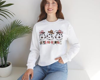 Ghostly Cowboy Sweatshirt, Let's Go Ghouls, Halloween Western Apparel, Cute Cowgirl Ghosts, Unisex Halloween Pullover, Spooky Crewneck