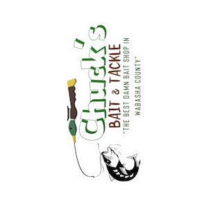 May include: Green and white logo for Chuck's Bait & Tackle, a bait shop in Wabash County. The logo features a fishing rod with a lure and a fish jumping out of the water. The text "Chuck's Bait & Tackle" is in a green and white font. The text "The Best Damn Bait Shop in Wabash County" is in a brown font.