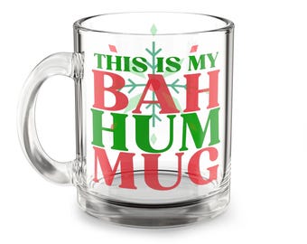 Christmas Glass Mug, Bah Hum Mug, Funny Holiday Quote Cup, Festive Beverage Gift, Clear Glass Drinkware, Seasonal Hot Cocoa, Winter Decor