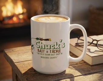 Taza vintage de Chucks Bait Shop, taza de café retro de pesca, regalo para papá con temática de la vida en el lago, taza de cabaña del Medio Oeste, regalo para pescadores, inspirada en Grumpy Old Men.