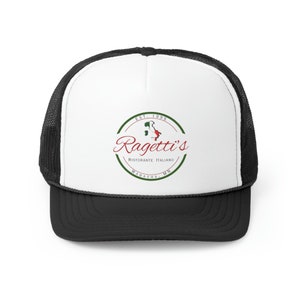May include: Black and white trucker hat with a white front panel featuring a red, green, and white logo. The logo is a circle with the text "Ragetti's" in a cursive font. The text "EST. 1995" is above the name and "RISTORANTE ITALIANO" is below the name. The text "WADASH, MN" is below the logo.