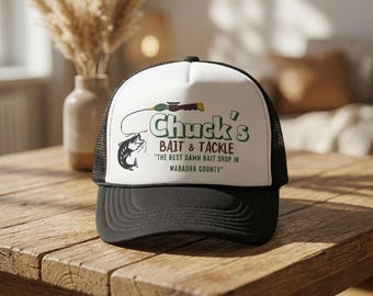 Gorra Chucks Bait Shop, gorra de camionero de pesca vintage, gorra para la vida en el lago, regalo para papá, regalo para pescador, gorra retro para exteriores, inspirada en Grumpy Old Men.