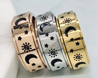 Fidget Ring Moon Stars Sun Anxiety Ring spinner Silver Gold Spinner ring for women and men Anxiety Spinning Ring worry ring anxiety relief