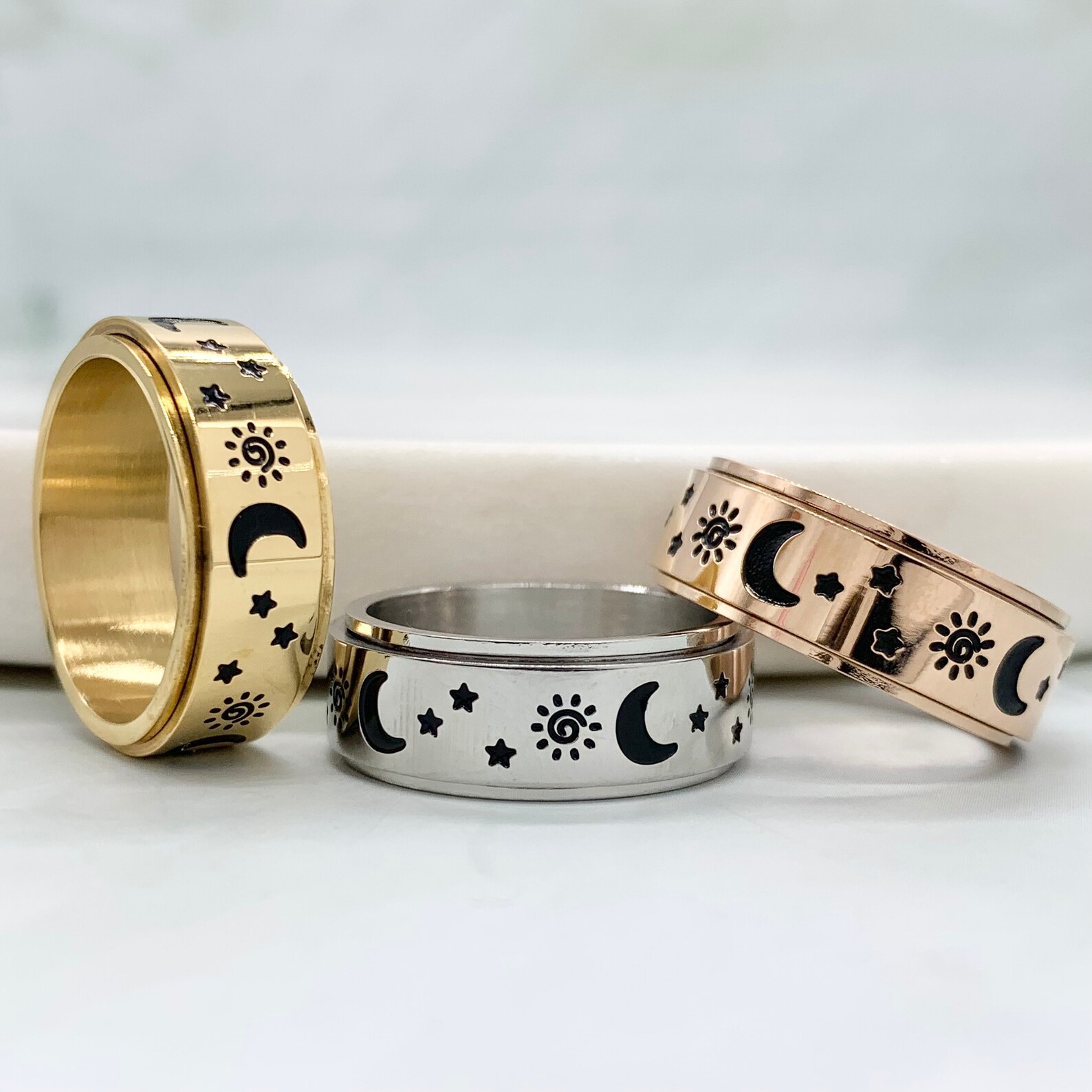 Fidget Ring Moon Stars Sun Anxiety Ring Spinner Silver Gold Spinner ...