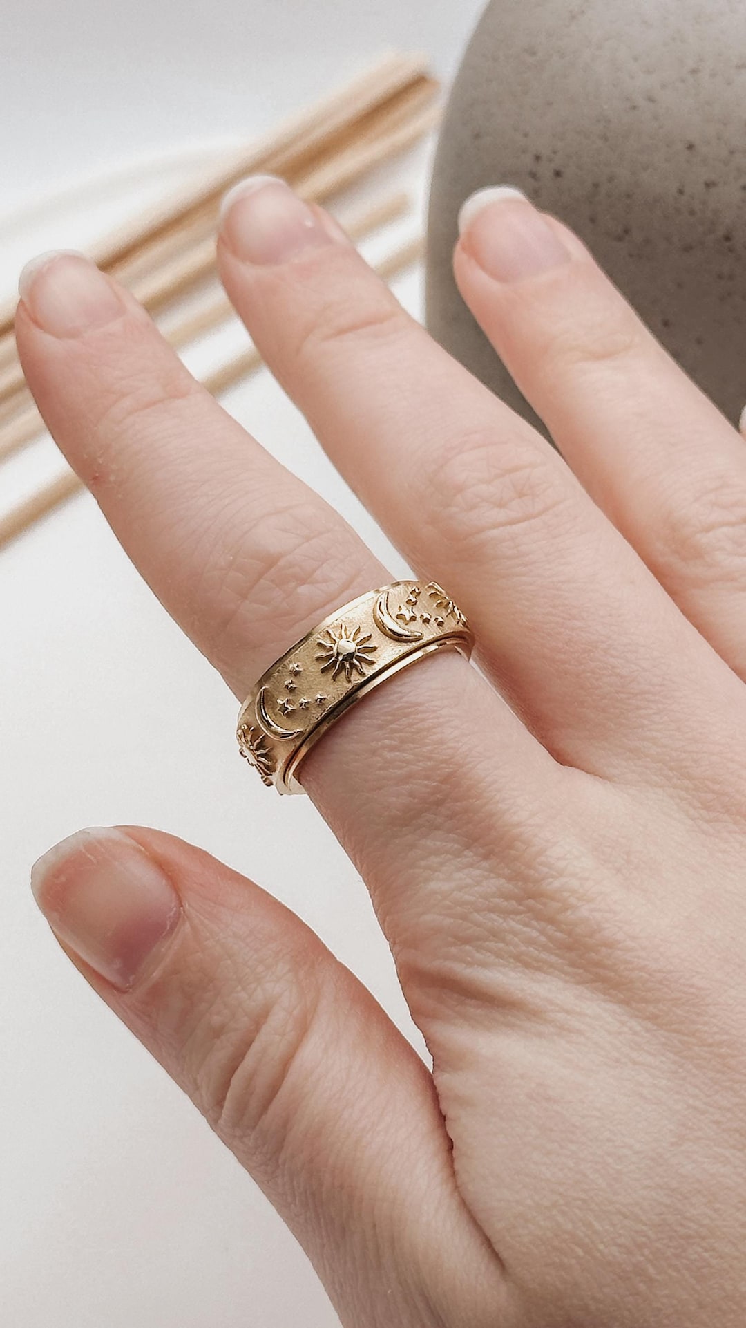 Gold Stainless Steel Sun and Moon Spinner Ring, Fidget Ring for Anxiety ...