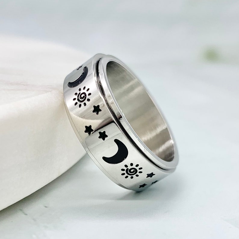 Fidget Ring Moon Stars Sun Anxiety Ring Spinner Silver Gold Spinner ...