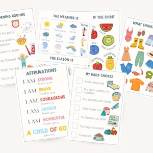 A collection of illustrated charts for children, including a morning routine checklist, weather and season guides, affirmations, daily chores, and clothing suggestions. The charts feature colorful drawings and text.