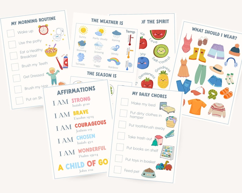 A collection of illustrated charts for children, including a morning routine checklist, weather and season guides, affirmations, daily chores, and clothing suggestions. The charts feature colorful drawings and text.