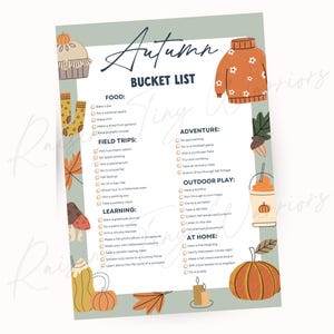 Puede incluir: Una impresión decorativa de lista de deseos de otoño con un fondo verde claro. La impresión presenta ilustraciones de calabazas, hojas y un suéter. El texto incluye categorías para comida, excursiones, aventura y juegos al aire libre.