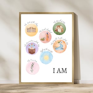 May include: A watercolour illustration of seven colourful circles with different images and text inside each circle. The text in each circle reads: "The Gate of the Sheep", "The Good Shepherd", "The Bread of Life", "The Way the Truth, and the Life", "The Resurrection and the Life", "Light of the World", and "The True Vine". The text "I AM" is written below the circles.