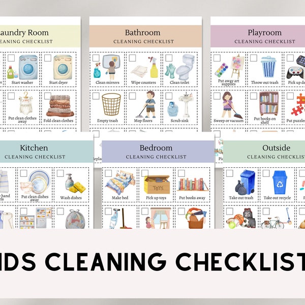 Kids Cleaning Checklists with Visual Images | Kids Daily Routine Chore Charts | Toddler Daily Rhythm Visual Schedule | Preschool Montessori