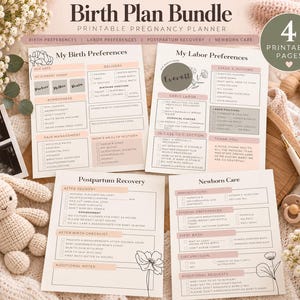 Könnte beinhalten: Ein druckbares Geburtsplan-Set mit vier Seiten mit den Titeln My Birth Preferences, My Labor Preferences, Postpartum Recovery und Newborn Care, inklusive Checkboxen für medizinische Entscheidungen, rosa Akzenten und floralen Strichzeichnungen.