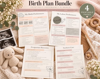 Op de afbeelding: Een printbare geboorteplanbundel met vier pagina's getiteld My Birth Preferences, My Labor Preferences, Postpartum Recovery en Newborn Care, voorzien van selectievakjes voor medische keuzes, roze accenten en florale lijntekeningen.