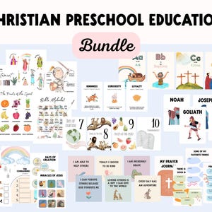 Kids Christian learning bundle with Bible busy book worksheets, preschool activities, and scripture wall art.