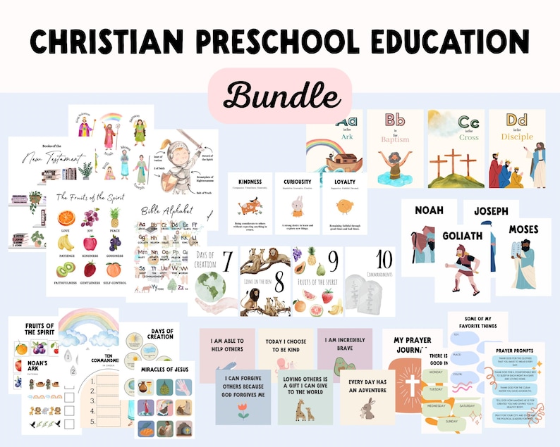 Kids Christian learning bundle with Bible busy book worksheets, preschool activities, and scripture wall art.