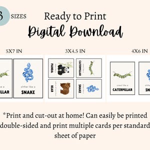 A digital download for printable animal cards. The cards feature a caterpillar and snake with the text 'crawl like a caterpillar' and 'slither like a snake'. The cards are available in three sizes: 5x7 inches, 3x4.5 inches, and 4x6 inches. The text 'Ready to Print Digital Download' is at the top of the image.