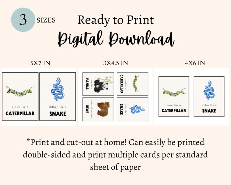A digital download for printable animal cards. The cards feature a caterpillar and snake with the text 'crawl like a caterpillar' and 'slither like a snake'. The cards are available in three sizes: 5x7 inches, 3x4.5 inches, and 4x6 inches. The text 'Ready to Print Digital Download' is at the top of the image.