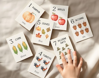 Autumn Number Flash Cards 1-20 Printable | Montessori 3-Part Cards | Fall Homeschool Math Activity | Toddler Number Recognition