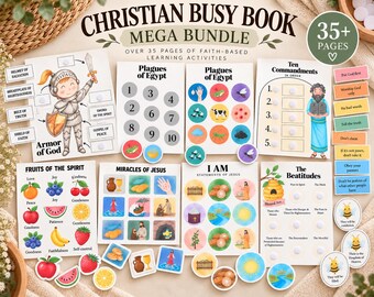 May include: A Christian busy book mega bundle featuring over 35 pages of faith-based learning activities. The set includes illustrated sheets depicting the Armor of God, Plagues of Egypt, Ten Commandments, Fruits of the Spirit, Miracles of Jesus, I AM statements, and the Beatitudes with matching cut-out pieces.