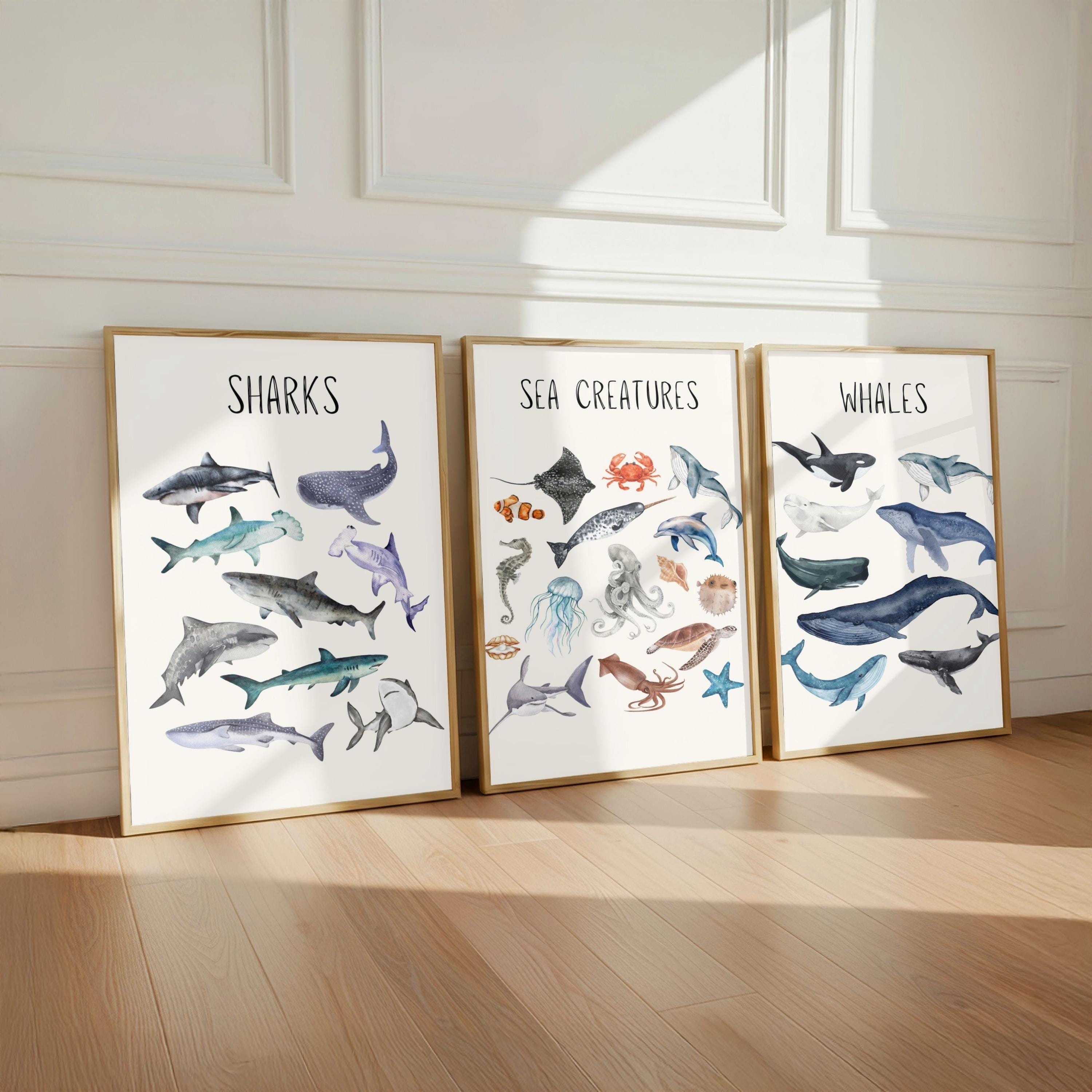Sea Creatures Wall Art: Whales and Sharks Prints for Ocean Themed ...