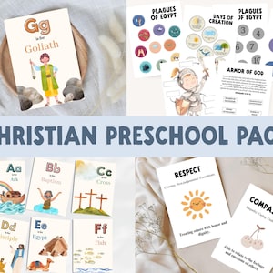 A collection of Christian preschool learning materials. The image features flashcards with illustrations and text, including the alphabet, Bible stories, and concepts like respect and compassion. The words "CHRISTIAN PRESCHOOL PACK" are displayed.