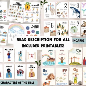 Christian preschool educational bundle with Bible alphabet and number cards, scripture posters, and affirmations.