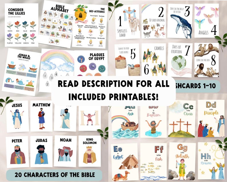 Christian preschool educational bundle with Bible alphabet and number cards, scripture posters, and affirmations.