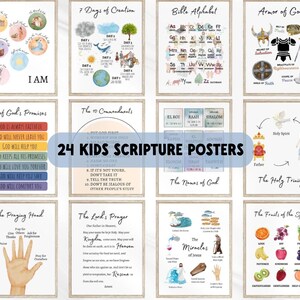 Christian preschool Bible bundle with 24 colorful scripture posters, printable kids wall art for early learning.