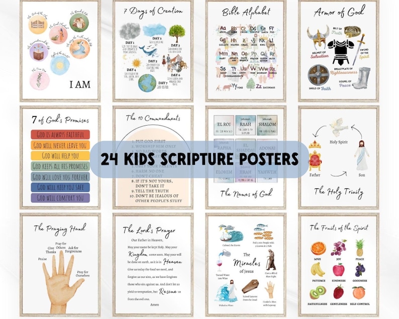 Christian preschool Bible bundle with 24 colorful scripture posters, printable kids wall art for early learning.