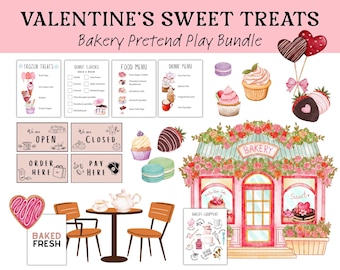 Puede incluir: Un conjunto de juego de simulación de panadería Valentine's Sweet Treats con menús ilustrados, carteles, cupcakes, macarons, fresas cubiertas de chocolate, piruletas en forma de corazón, una mesa con sillas y una fachada de panadería florida.