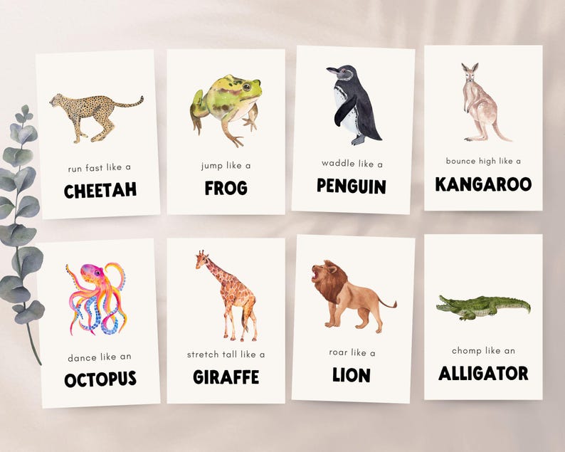 Eight cream-colored cards with black text and colorful illustrations of animals. Each card has a phrase that describes how the animal moves, such as 'run fast like a cheetah' or 'dance like an octopus.' The animals depicted are a cheetah, frog, penguin, kangaroo, octopus, giraffe, lion, and alligator.