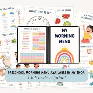 A collection of colorful preschool morning menu and educational charts. The charts include weather, time, date, and daily routine visuals. The text "Preschool Morning Menu Available in My Shop! Link in description!" is also included.