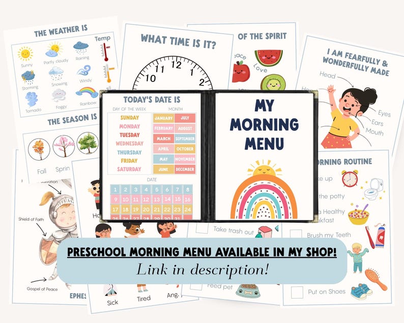 A collection of colorful preschool morning menu and educational charts. The charts include weather, time, date, and daily routine visuals. The text "Preschool Morning Menu Available in My Shop! Link in description!" is also included.