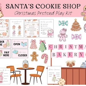 May include: A Santa's Cookie Shop Christmas pretend play kit featuring printed signs, menus, and cutouts of gingerbread people, candy canes, Christmas trees, and sweets. The set includes a bakery counter, chairs, a table, and a cookie jar.