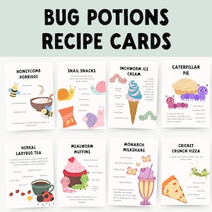 May include: A collection of illustrated recipe cards titled "Bug Potions Recipe Cards." Each card features a whimsical recipe, including Honeycomb Porridge, Snail Snacks, Inchworm Ice Cream, and Caterpillar Pie. The cards have colorful illustrations.