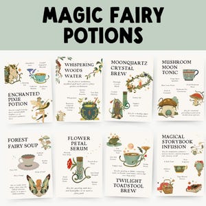 May include: Eight illustrated cards are displayed, each labelled with a potion name like "Enchanted Pixie Potion" and "Twilight Toadstool Brew". The cards are part of a collection titled "MAGIC FAIRY POTIONS", with detailed illustrations and text.